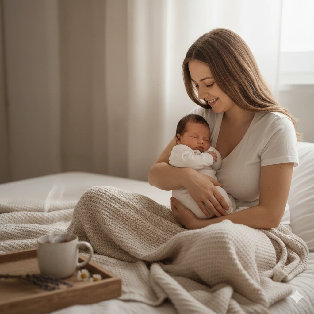 Frau im Wochenbett mit Ihrem Baby