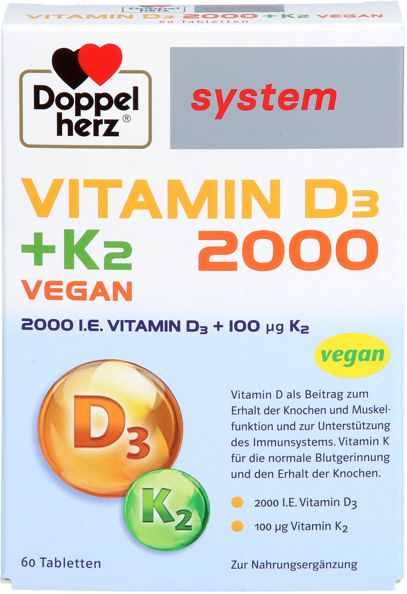 DOPPELHERZ Vitamin D3 2000+K2 system Tabletten 60 St