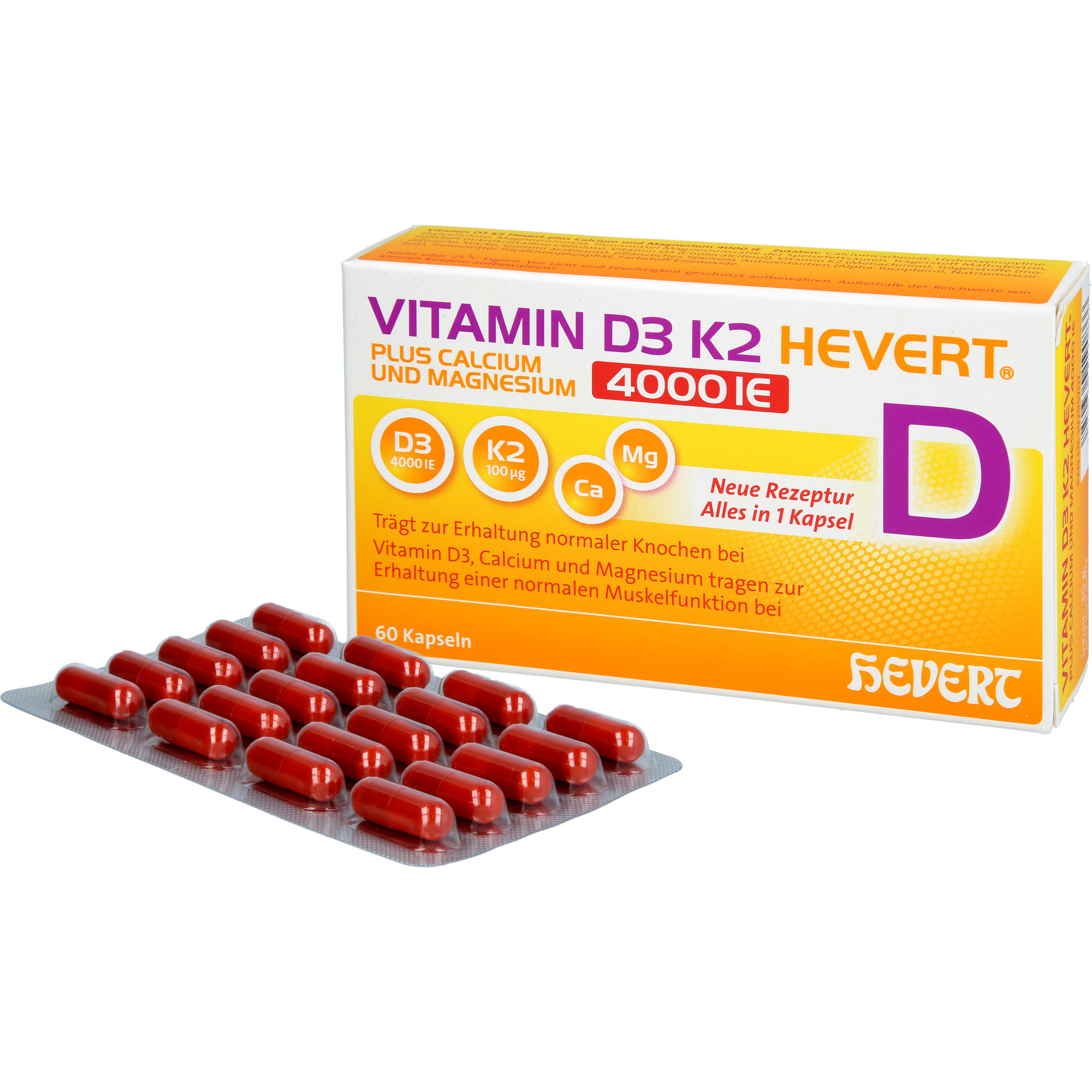 VITAMIN D3 K2 Hevert+Calcium u.Magnes.4000 IE Kps. 60 St